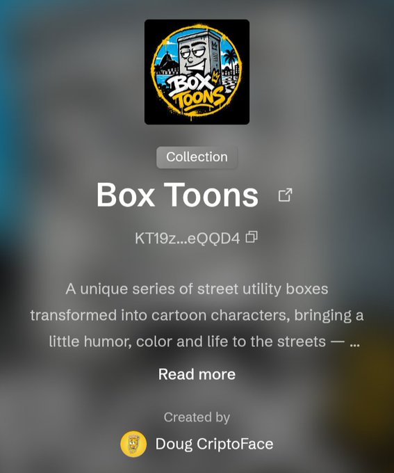 An NFT collection page for "Box Toons" created by "Doug CriptoFace," featuring a cartoon utility box character as the cover image and the contract address "KT19Z...eQQD4."