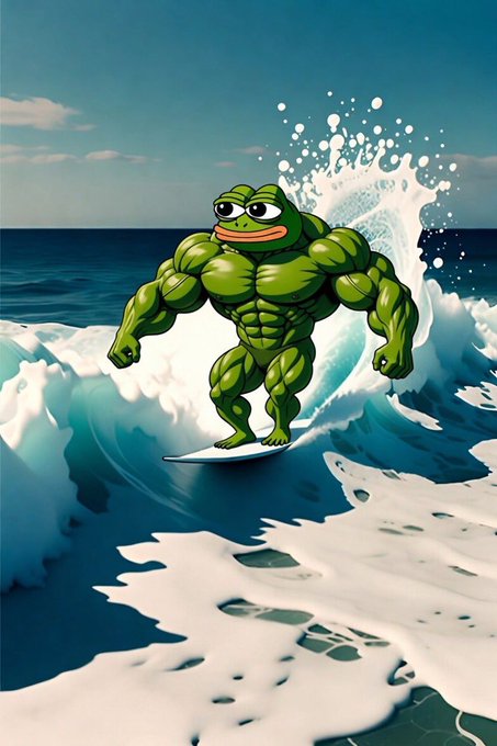 The image features a cartoon frog, or pea, surfing a wave in the ocean. The pea has large muscles and is depicted as being muscular and fit. The background of the image shows an ocean scene with waves crashing against the shoreline. There are also some text elements present in the image that read "Hyper Pepe $hpepe surfing waves before the mass of people discover him #meme".