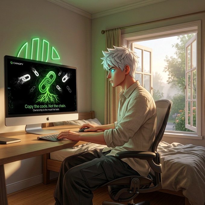An anime-style illustration depicts a young man with white hair sitting at an iMac in a sunlit bedroom; the monitor displays a green 'CANOPY' logo with chain links and the text 'Copy the code. Not the chain.' and 'Ownership is the moat that lasts.'