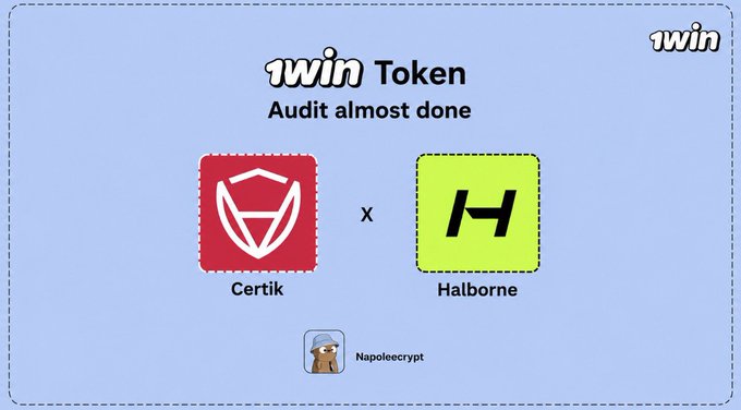 A promotional graphic for '1win Token' announcing 'Audit almost done', featuring logos for Certik and Halborne with a 'Napoleoncrypt' watermark at the bottom.