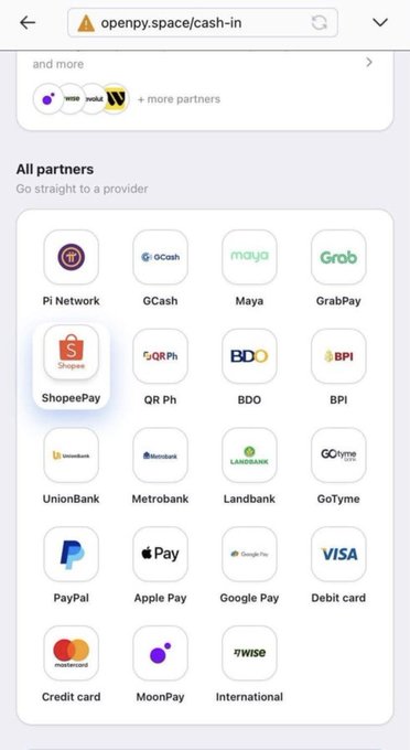 A mobile browser screenshot of openpy.space/cash-in showing a grid of payment partner options including Pi Network, GCash, Maya, GrabPay, ShopeePay, PayPal, Apple Pay, and various bank cards.