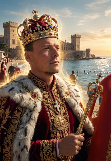 An AI-generated or stylized image of a king wearing an ornate jeweled crown and red royal robes with ermine trim, holding a scepter against a coastal castle backdrop.