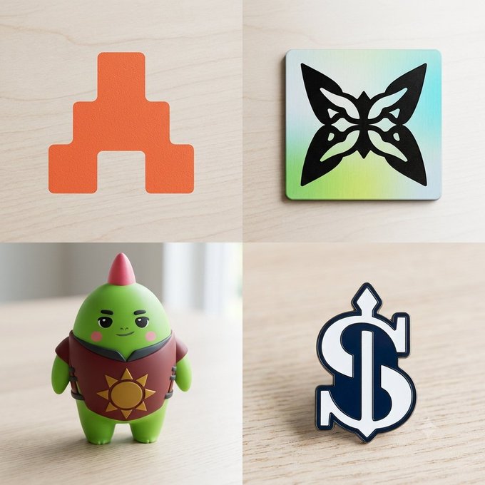A collage of four items on wooden surfaces: an orange geometric logo, a butterfly-like emblem on a holographic square, a green cartoon figurine with a red horn, and a stylized '$' dollar sign emblem.