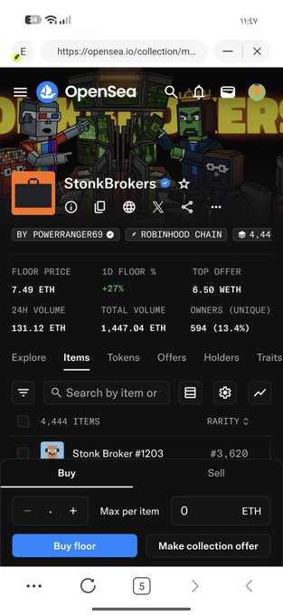 A mobile screenshot of the OpenSea NFT marketplace showing the 'StonkBrokers' collection on the Robinhood Chain, with a floor price of 7.49 ETH, top offer of 6.50 ETH, and 4,444 total items.