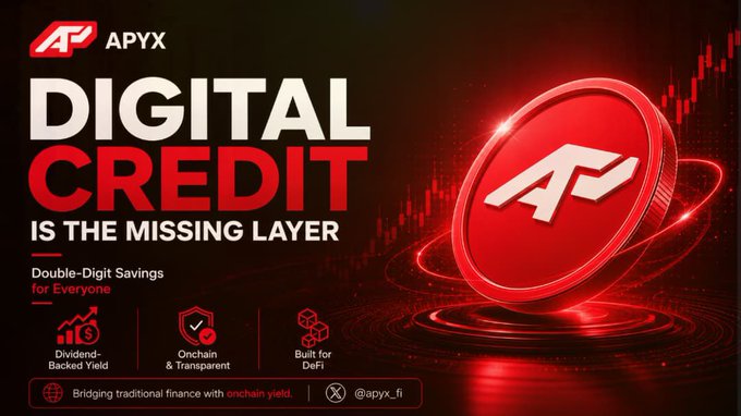 The image is a promotional graphic for Apyx (APYX) featuring a large red 3D coin with the "AP" logo, alongside bold text declaring "DIGITAL CREDIT IS THE MISSING LAYER" and "Double-Digit Savings for Everyone," with supporting features listed: Dividend-Backed Yield, Onchain & Transparent, and Built for DeFi.

The graphic visually reinforces the post's message by highlighting Apyx's role as the bridge that brings traditional credit and dividends into DeFi, positioning digital credit as the essential connection between conventional finance and onchain yield.