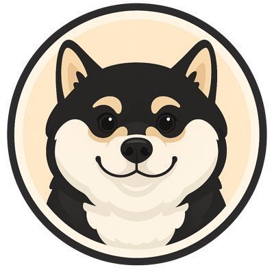 A cartoon illustration of a smiling Shiba Inu dog's face inside a circular orange and black badge.