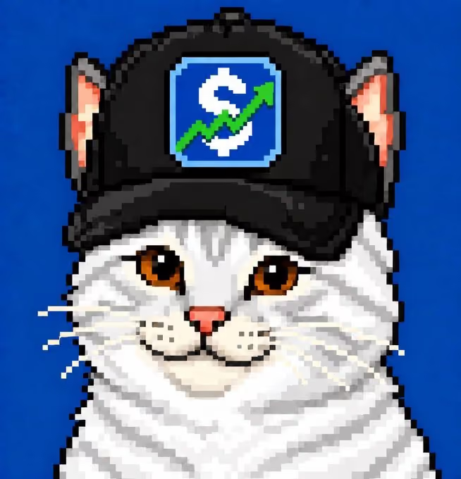 A pixel art illustration of a white cat wearing a black cap with a green upward-trending chart and dollar sign logo.