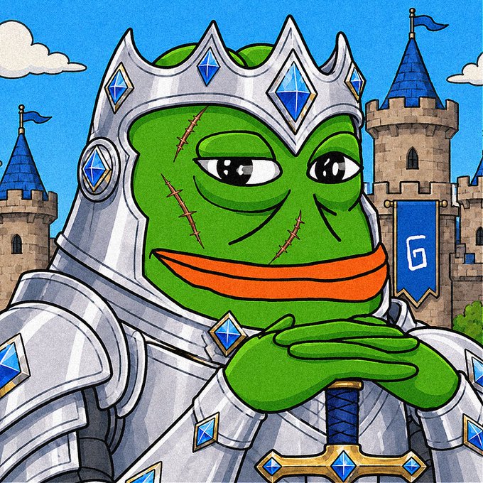 A digital illustration of a battle-scarred Pepe the Frog dressed as a knight in shining armor with a crown, standing before a castle with a blue banner displaying a 'G'.