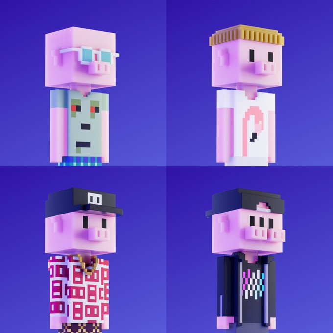 Four pink Minecraft pig character skins in voxel/blocky style, each with different outfits and accessories including sunglasses, headbands, caps, and patterned clothing.