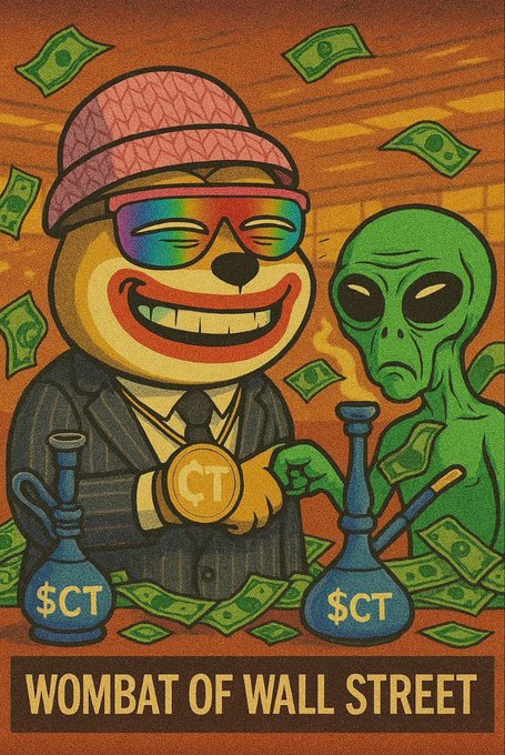 Cartoon-style poster titled 'WOMBAT OF WALL STREET' depicting a bear character in a suit and rainbow sunglasses alongside a green alien, holding coins labeled '$CT' amid floating dollar bills.