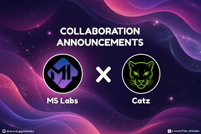 The image is a collaboration announcement graphic featuring a purple cosmic background with flowing wave patterns and star accents, displaying "COLLABORATION ANNOUNCEMENTS" at the top with the MS Labs geometric logo and Catz green panther logo separated by an "X" symbol, linking to the accompanying post about MS Labs' partnership with Catz NFT collection.