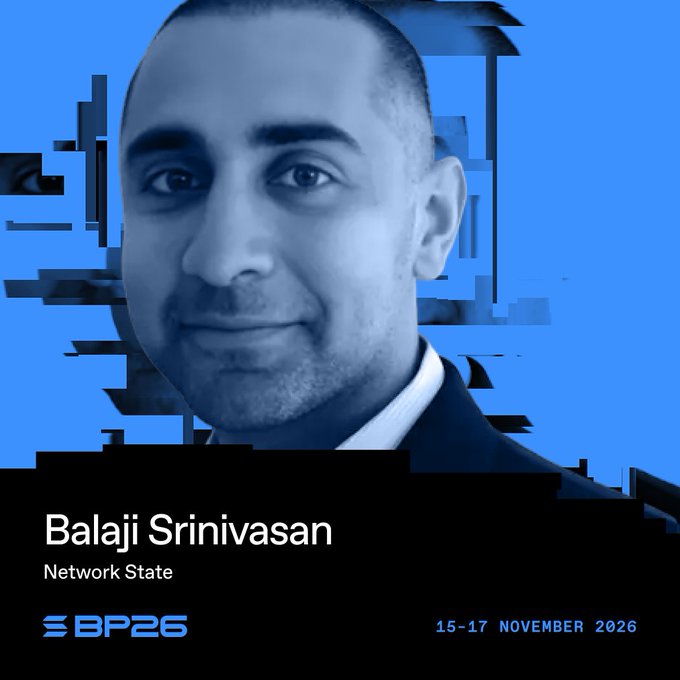 Promotional graphic for an event featuring a portrait of Balaji Srinivasan labeled 'Network State' at 'BP26' taking place 15-17 November 2026, styled with a blue-tinted, glitch-effect design.