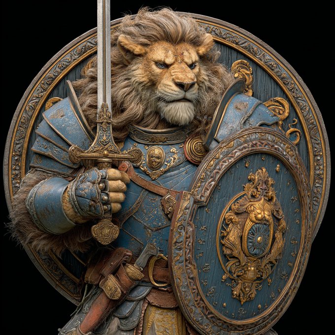 A detailed digital artwork depicts an anthropomorphic lion warrior clad in ornate blue and gold armor, holding a sword and a decorative round shield against a dark background.