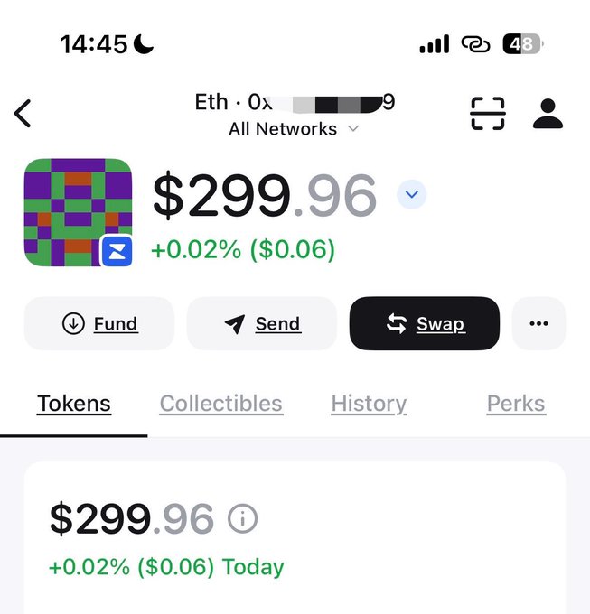 Mobile crypto wallet screen showing an Ethereum balance of $299.96 (+0.02%) with Fund, Send, and Swap options.