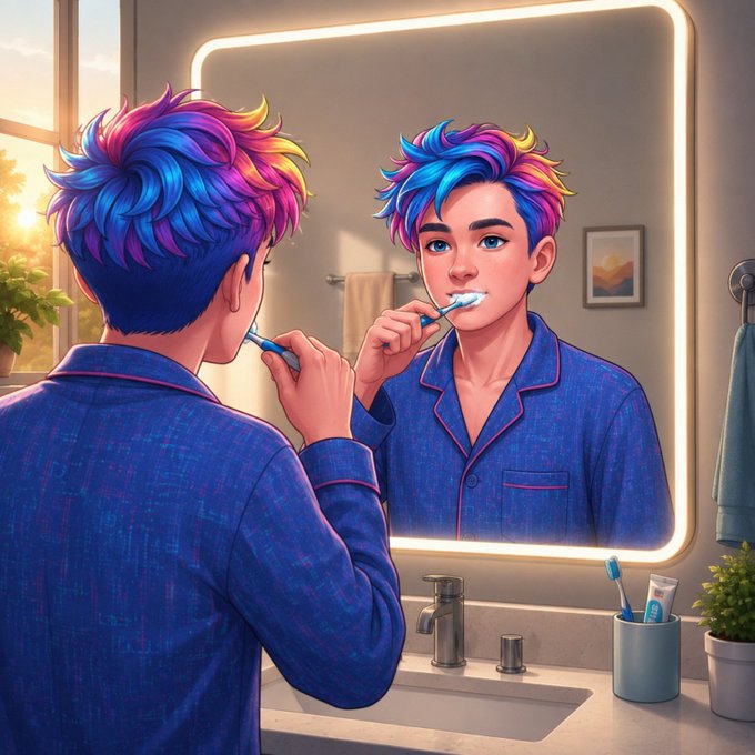 An illustrated/digital art style image of a young man with vibrant rainbow-colored hair brushing his teeth in front of a backlit bathroom mirror, wearing blue pajamas.