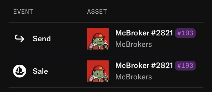 An interface showing 'Send' and 'Sale' options for a McBroker #2821 NFT from the McBrokers collection.