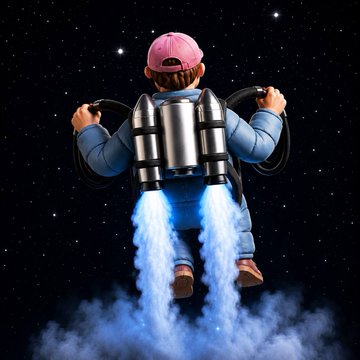 A figure wearing a pink cap and jetpack soars through a starry sky with rocket flames propelling them upward, visually representing the "$rocketman" meme character described as "the man that only goes up" sent to "save the trenches."