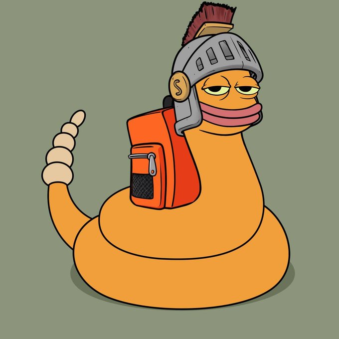 A cartoon illustration of an orange snake-like creature wearing a medieval knight's helmet with a red plume and carrying a red backpack with a water bottle pocket, with a segmented rattle tail.