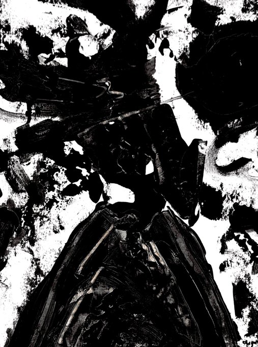 An abstract black-and-white painting featuring bold, expressive brushstrokes that loosely form the silhouette of a figure wearing a wide-brimmed hat.