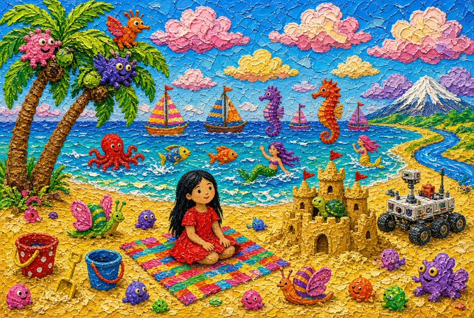 A colorful, vibrant textured painting depicting a young girl in a red dress sitting on a beach blanket, surrounded by whimsical elements like smiling octopuses, seahorses, palm trees with faces, a sandcastle, and a NASA rover.