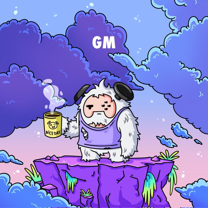 A cartoon illustration of a fluffy white character in a purple tank top holding a yellow 'NICE DAY' mug, standing on a cliff with the word 'GM' floating in the clouds behind it.