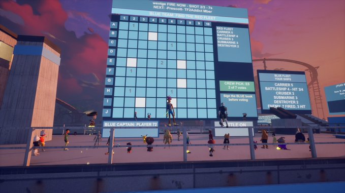 A virtual Fortnite game scene shows a large digital bingo/fleet board displaying player stats like "RED FLEET," "BLUE FLEET," and crew picks, with numerous avatars gathered in front of the screen at sunset.