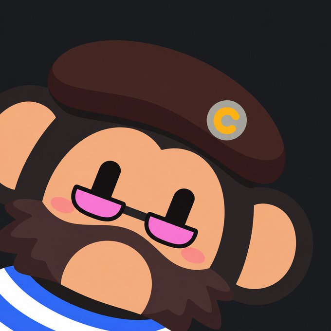 A cartoon illustration of a monkey character with pink sunglasses, a brown beard, and a brown beret with a yellow 'C' emblem, set against a dark background.