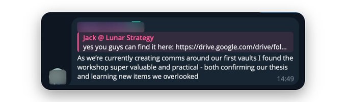 A Discord message screenshot from "Jack @ Lunar Strategy" sharing a Google Drive link and commenting that the workshop was super valuable for creating comms around their first vaults.