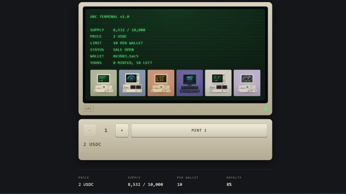The image shows the ARC Terminal v1.0 NFT minting interface displaying 8,532 of 10,000 NFTs minted at 2 USDC each, with only 10 left per wallet. This visualizes the post's urgency that less than 1,500 NFTs remain before the $TERMINAL token launch and airdrop tomorrow at arcterminal.fun/mint.
