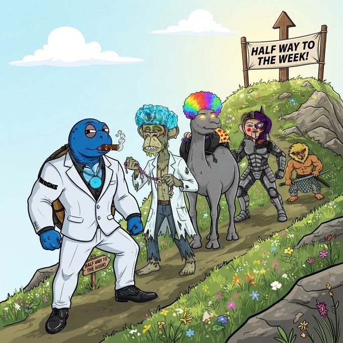 A colorful cartoon illustration features a group of diverse, quirky characters (including a blue turtle in a white suit smoking a cigar, a zombie scientist, a llama with a pizza, a cyborg, and a warrior) walking up a grassy path toward a sign that reads 'HALF WAY TO THE WEEK!'.