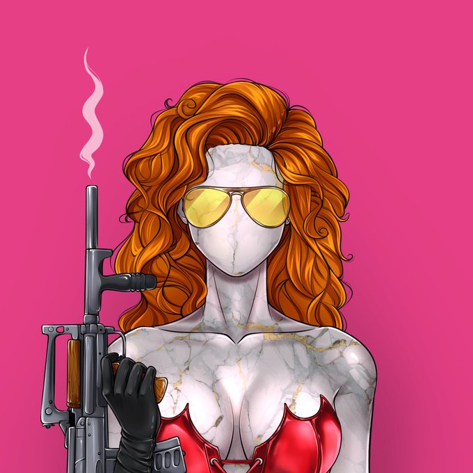 An illustration of a female character with voluminous orange hair wearing yellow aviator sunglasses, a red bustier, and black gloves, while holding an assault rifle against a bright pink background.