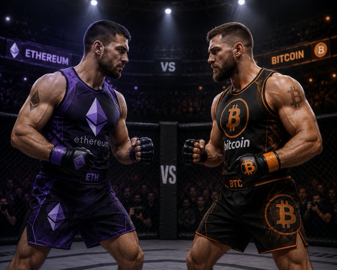 A dramatic illustration of two MMA fighters facing off in an octagon, one wearing purple Ethereum (ETH) gear and the other in black and orange Bitcoin (BTC) attire, with 'VS' displayed between them.