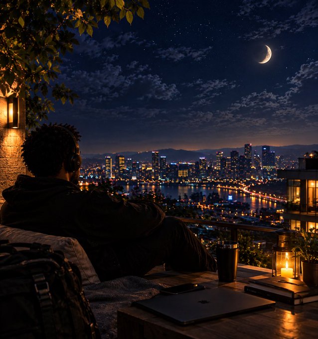 A person wearing headphones relaxing on a balcony at night, looking out at a glowing city skyline under a crescent moon, with a laptop, lantern, and coffee mug on the table beside them.