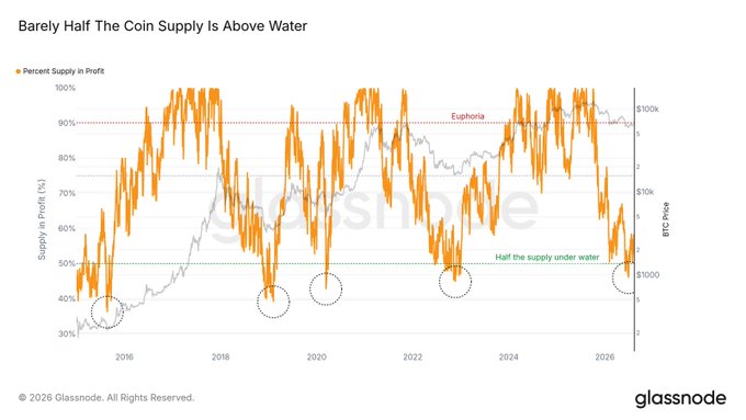 A Glassnode chart titled "Barely Half The Coin Supply Is Above Water" tracks Bitcoin's Profit Supply Ratio (orange line) against BTC price (gray line) from 2016 to 2026, showing the ratio currently hovering near 50%—labeled "Half the supply under water"—compared to past "Euphoria" peaks above 90% at prices near $100k.