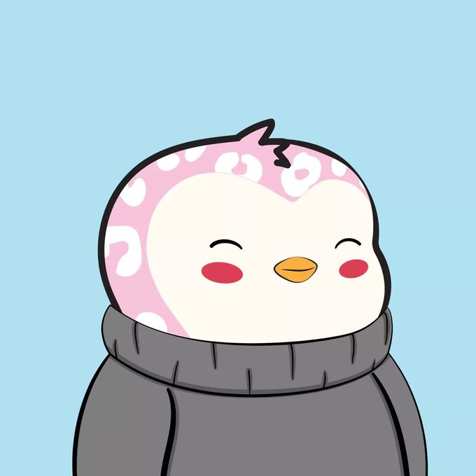 A cute penguin wearing a gray hoodie with pink and white patterned head, smiling with closed eyes and red cheeks. The image relates to the post by showcasing a charming penguin character, symbolizing the enduring affection the poster has for Pudgy Penguins NFT collection.