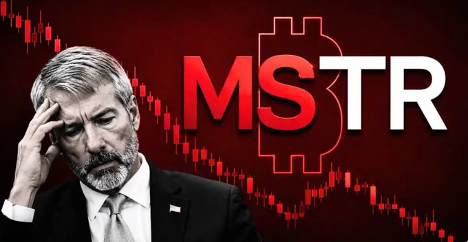 A graphic featuring a stressed-looking man in a suit against a red background with declining candlestick chart, the ticker 'MSTR' (MicroStrategy), and a Bitcoin logo.
