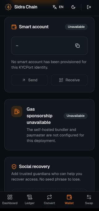 The Sidra Chain wallet shows "Smart account" and "Gas sponsorship unavailable", both marked as "Unavailable", mirroring the post's message about the Smart Account status. The image visually confirms the "Unavailable" status for key wallet features.
