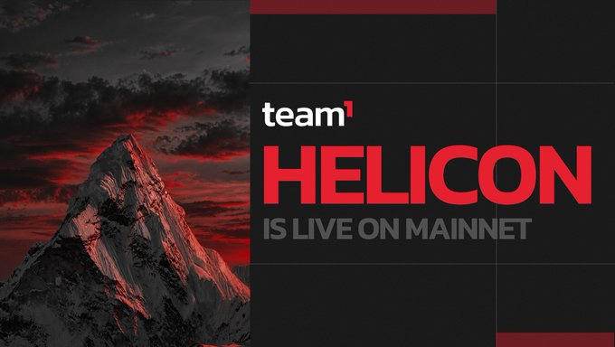 A promotional graphic announcing 'team1 HELICON IS LIVE ON MAINNET' with a dark mountain peak against a red and black cloudy sky background.