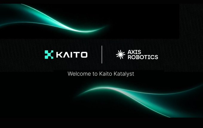 The image displays a "Welcome to Kaito Katalyst" graphic featuring the logos of Kaito and Axtis Robotics against a dark background with teal wave designs. It serves as a promotional banner for the Axis Content Creator Program, highlighting Epoch 1 and its 0.25% $AXIS token reward distribution running until September 18th.