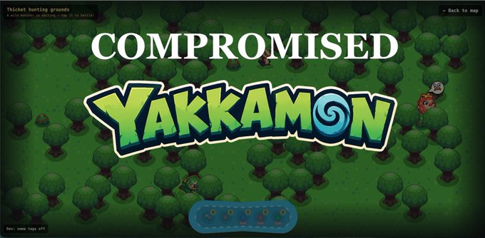 A game screenshot titled 'COMPROMISED' with 'YAKKAMON' logo over a top-down pixel art view of a forest with trees and small characters.