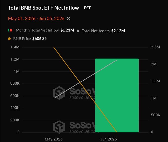 The image shows a graph with two lines - one green at the top labeled "Total BNB Spot Etf Net Flow Est", and another green line below it with a price tag of $6.55 and showing that the funds are being bought by people on the internet. The title of the post is "Smart money is aggressively buying the BNB dip", which seems to be related to this financial activity shown in the image, possibly due to the current market conditions or other factors.