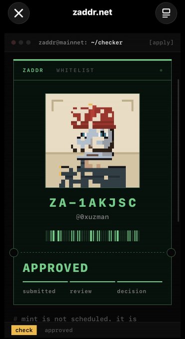 A mobile screenshot of zaddr.net showing an approved NFT whitelist status for user "@xuzman" with the address ZA-1AKJSC, featuring a pixel art character wearing a red and white mushroom-like hat. The interface displays a terminal-style design with "APPROVED" prominently shown beneath a barcode graphic, aligning with the post's message of approval status.