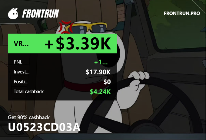 An animated character wearing sunglasses drives a car, overlaid with financial tracking text including 'FRONTRUN', 'VR... +$3.39K', and 'Total cashback $4.24K' with a promo code 'U0523CD03A'.