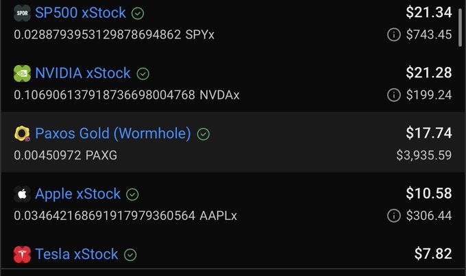 The image displays a portfolio of tokenized stocks (xStocks) on Solana, including SPYx ($21.34), NVDAx ($21.28), PAXG ($17.74), AAPLx ($10.58), and Tesla xStock ($7.82), with underlying reference prices ranging from $199.24 to $3,935.59. This showcases a diversified memecoin-based stockfolio growing on $SOL, featuring tokenized versions of major equities and gold alongside their underlying asset prices.