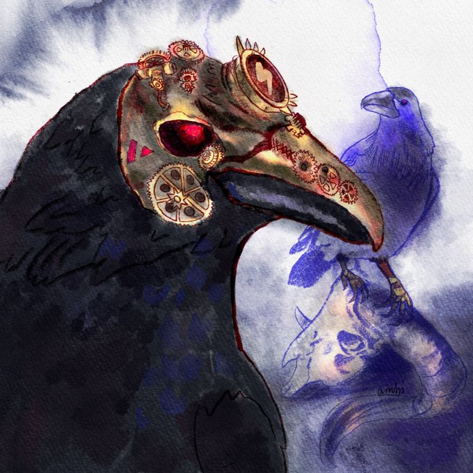 A dark, watercolor-style illustration of a plague doctor mask with red eyes and gold gears, with ghostly blue ravens and a skull in the background.