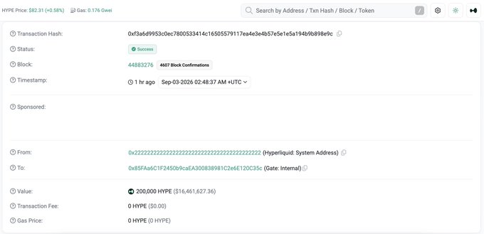 The image shows an on-chain transaction record displaying a successful transfer of 200,000 HYPE tokens (approximately $16,461,627.36) from the Hyperliquid System Address (0x2222222222222222222222222222222222222222) to a Gate.io deposit address (0x85FAa61F24509cAeA300838981C2e6E12Dc35c) with zero transaction fees, recorded 1 hour ago in block 44883276. Notably, while the accompanying post mentions SOLANA tokens, the image actually displays a HYPE token transfer on the Hyperliquid network, suggesting the post may contain an error or inconsistency.