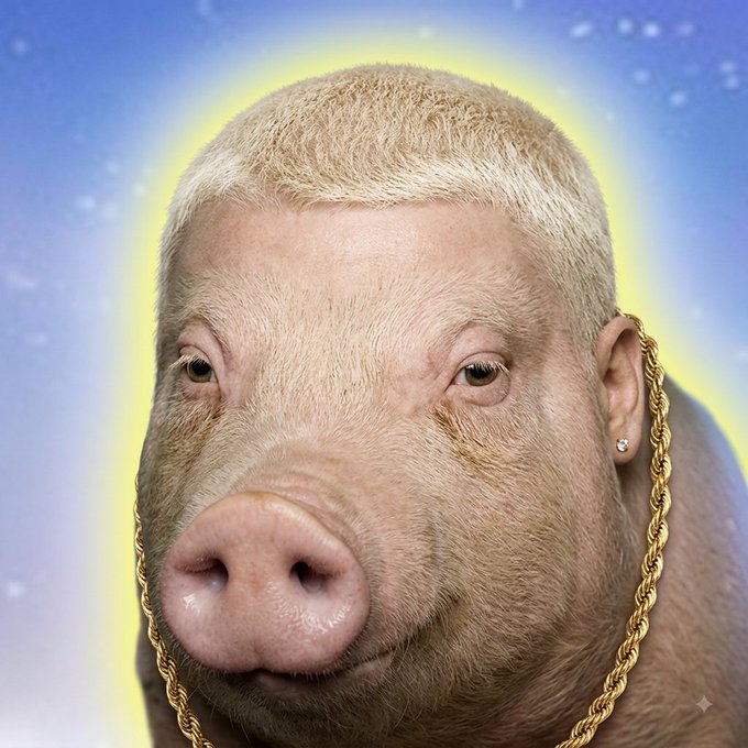 A digitally manipulated image showing a pig's body with a human male face (resembling Donald Trump) edited onto it. The figure wears a gold chain necklace with a diamond stud earring, set against a blue background with a yellow halo.