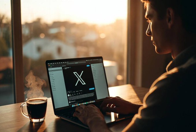 A man sitting at a table by a window during sunset/golden hour, typing on a laptop displaying the X (formerly Twitter) logo on its screen, with a steaming cup of coffee beside him.