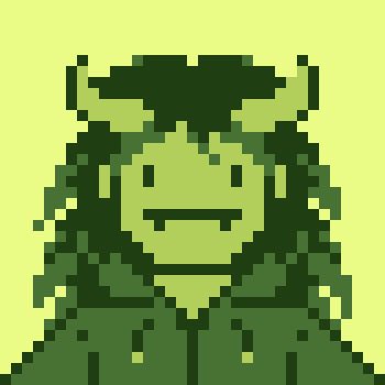 A pixel art style image of a smiling character with messy dark hair in green tones.