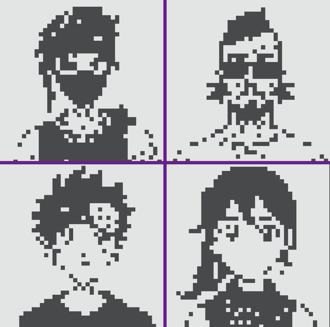 A grid of four black-and-white pixel art character portraits, featuring a man with a bandana, a bearded man, a young man, and a woman with long hair, separated by purple lines.